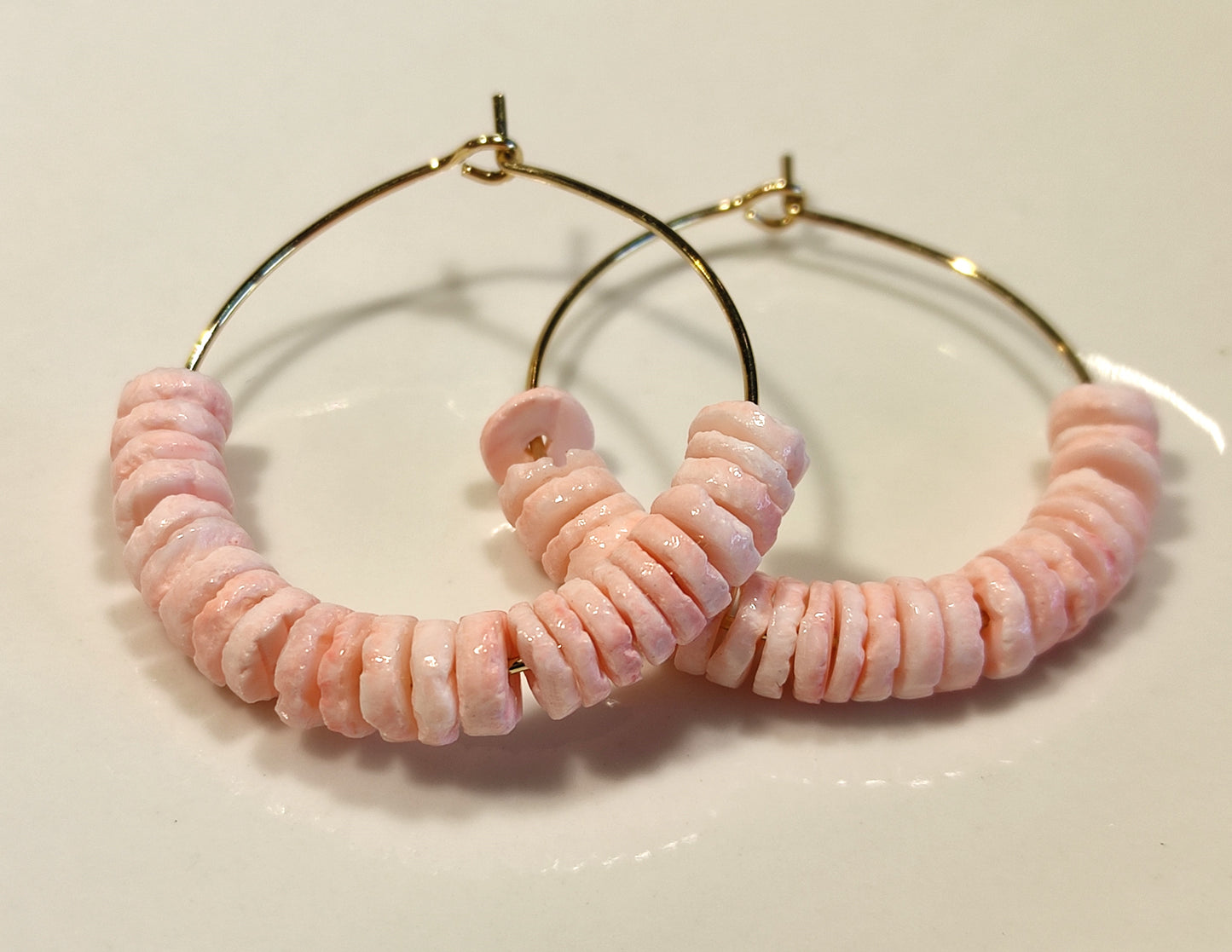 Coral Heishi pearl hoop earrings